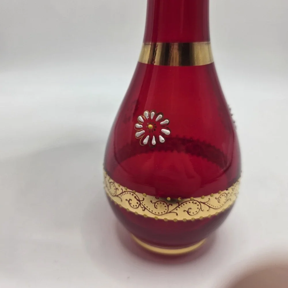 Vintage Ruby Red Glass Bud Vase Gold Enamel Floral Bohemian Style‎ 8in